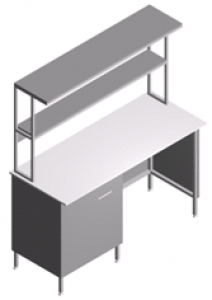 СП-1П-ЛТс-1.5 ➜ Стол для оснащения лабораторий /пристенный/ ✓ Тумба встроенная + две полки ✓ Столешница - пластик ✓ Светильник & розетка